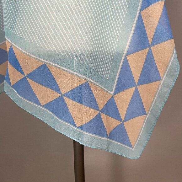 Vintage Chiffon Scarf Square Stripes Triangle Border  Semi-Sheer 27 x 27 Blue - Picture 2 of 6